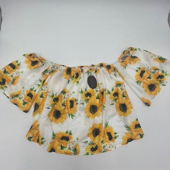 New Bluetime Sunflower Crop Cold Shoulder Blouse - Picture 1 of 6